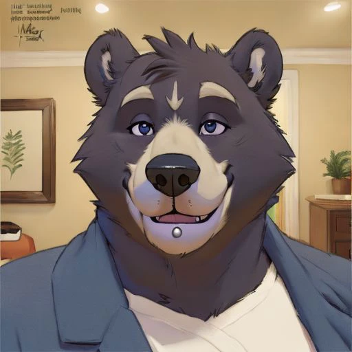 Amicus, Bear, Happy, bedroom, Detailed eyes, focus face, by meesh, Headshot