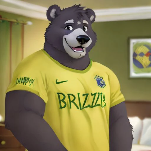 Amicus, Bear, Happy, bedroom, Detailed eyes, focus face, Brazil football shirt