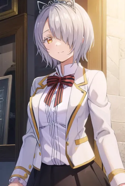 chartreuxwestia, <lora:chartreux westia s1-lora-nochekaiser:1>,
chartreux westia, short hair, bangs, (yellow eyes:1.3), grey hair, (hair over one eye:1.5), smile,
BREAK skirt, shirt, bow, school uniform, jacket, white shirt, striped, bowtie, black skirt, red bow, white jacket, tiara, striped bow,
BREAK indoors, classroom,
BREAK looking at viewer, (cowboy shot:1.5),
BREAK <lyco:GoodHands-beta2:1>, (masterpiece:1.2), best quality, high resolution, unity 8k wallpaper, (illustration:0.8), (beautiful detailed eyes:1.6), extremely detailed face, perfect lighting, extremely detailed CG, (perfect hands, perfect anatomy),