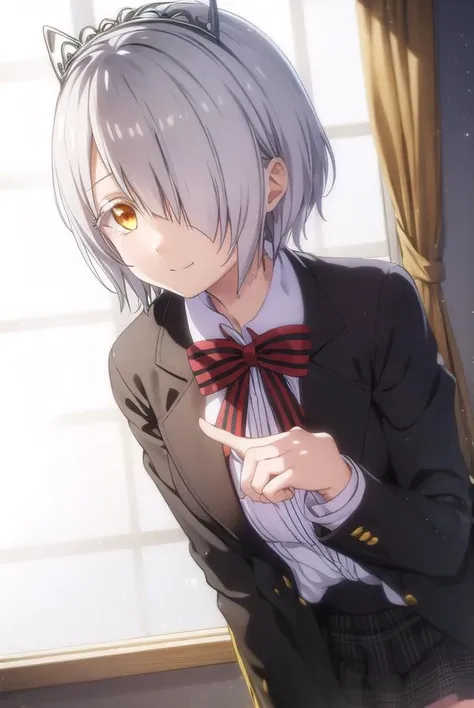 chartreuxwestia, <lora:chartreux westia s1-lora-nochekaiser:1>,
chartreux westia, short hair, bangs, (yellow eyes:1.3), grey hair, (hair over one eye:1.5), smile,
BREAK skirt, shirt, bow, school uniform, jacket, white shirt, striped, bowtie, black skirt, red bow, white jacket, tiara, striped bow,
BREAK indoors, classroom,
BREAK looking at viewer, (cowboy shot:1.5),
BREAK <lyco:GoodHands-beta2:1>, (masterpiece:1.2), best quality, high resolution, unity 8k wallpaper, (illustration:0.8), (beautiful detailed eyes:1.6), extremely detailed face, perfect lighting, extremely detailed CG, (perfect hands, perfect anatomy),