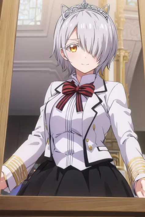 chartreuxwestia, <lora:chartreux westia s1-lora-nochekaiser:1>,
chartreux westia, short hair, bangs, (yellow eyes:1.3), grey hair, (hair over one eye:1.5), smile,
BREAK skirt, shirt, bow, school uniform, jacket, white shirt, striped, bowtie, black skirt, red bow, white jacket, tiara, striped bow,
BREAK indoors, classroom,
BREAK looking at viewer, (cowboy shot:1.5),
BREAK <lyco:GoodHands-beta2:1>, (masterpiece:1.2), best quality, high resolution, unity 8k wallpaper, (illustration:0.8), (beautiful detailed eyes:1.6), extremely detailed face, perfect lighting, extremely detailed CG, (perfect hands, perfect anatomy),