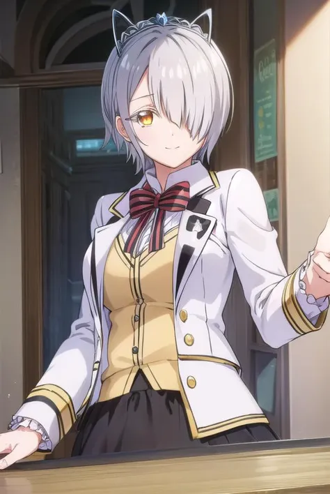 chartreuxwestia, <lora:chartreux westia s1-lora-nochekaiser:1>,
chartreux westia, short hair, bangs, (yellow eyes:1.3), grey hair, (hair over one eye:1.5), smile,
BREAK skirt, shirt, bow, school uniform, jacket, white shirt, striped, bowtie, black skirt, red bow, white jacket, tiara, striped bow,
BREAK indoors, classroom,
BREAK looking at viewer, (cowboy shot:1.5),
BREAK <lyco:GoodHands-beta2:1>, (masterpiece:1.2), best quality, high resolution, unity 8k wallpaper, (illustration:0.8), (beautiful detailed eyes:1.6), extremely detailed face, perfect lighting, extremely detailed CG, (perfect hands, perfect anatomy),