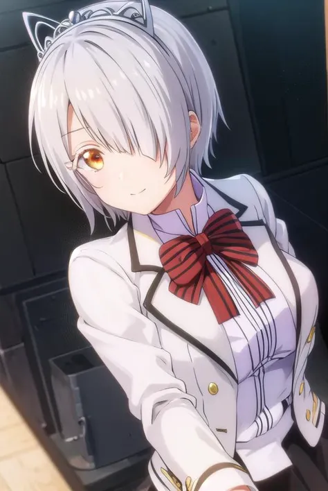 chartreuxwestia, <lora:chartreux westia s1-lora-nochekaiser:1>,
chartreux westia, short hair, bangs, (yellow eyes:1.3), grey hair, (hair over one eye:1.5), smile,
BREAK skirt, shirt, bow, school uniform, jacket, white shirt, striped, bowtie, black skirt, red bow, white jacket, tiara, striped bow,
BREAK indoors, classroom,
BREAK looking at viewer, (cowboy shot:1.5),
BREAK <lyco:GoodHands-beta2:1>, (masterpiece:1.2), best quality, high resolution, unity 8k wallpaper, (illustration:0.8), (beautiful detailed eyes:1.6), extremely detailed face, perfect lighting, extremely detailed CG, (perfect hands, perfect anatomy),