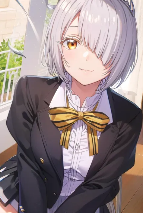 chartreuxwestia, <lora:chartreux westia s1-lora-nochekaiser:1>,
chartreux westia, short hair, bangs, (yellow eyes:1.3), grey hair, (hair over one eye:1.5), smile,
BREAK skirt, shirt, bow, school uniform, jacket, white shirt, striped, bowtie, black skirt, red bow, white jacket, tiara, striped bow,
BREAK indoors, classroom,
BREAK looking at viewer, (cowboy shot:1.5),
BREAK <lyco:GoodHands-beta2:1>, (masterpiece:1.2), best quality, high resolution, unity 8k wallpaper, (illustration:0.8), (beautiful detailed eyes:1.6), extremely detailed face, perfect lighting, extremely detailed CG, (perfect hands, perfect anatomy),