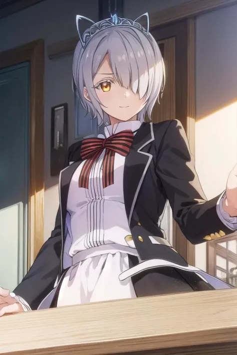 chartreuxwestia, <lora:chartreux westia s1-lora-nochekaiser:1>,
chartreux westia, short hair, bangs, (yellow eyes:1.3), grey hair, (hair over one eye:1.5), smile,
BREAK skirt, shirt, bow, school uniform, jacket, white shirt, striped, bowtie, black skirt, red bow, white jacket, tiara, striped bow,
BREAK indoors, classroom,
BREAK looking at viewer, (cowboy shot:1.5),
BREAK <lyco:GoodHands-beta2:1>, (masterpiece:1.2), best quality, high resolution, unity 8k wallpaper, (illustration:0.8), (beautiful detailed eyes:1.6), extremely detailed face, perfect lighting, extremely detailed CG, (perfect hands, perfect anatomy),