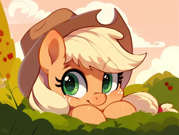 Applejack from Equestria Girls wearing a very tight elegant denim dress and a cowboy hat with makeup looking at the viewer from the front while on her knees sucking a penis for money