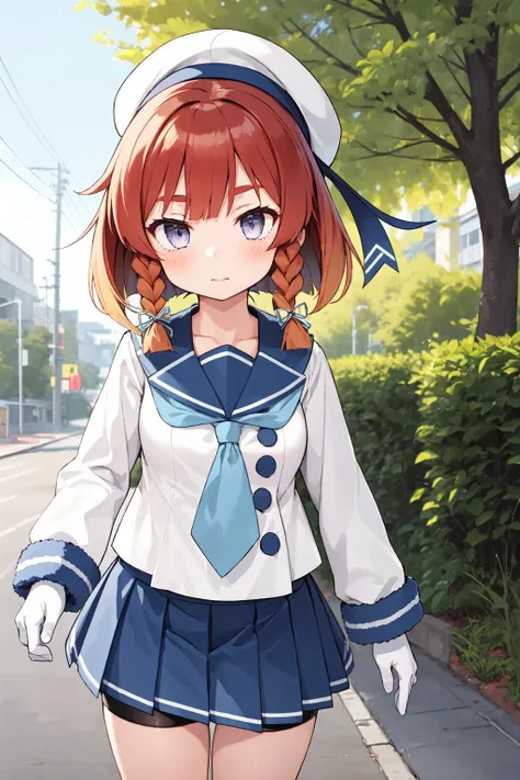 <lora:EtorofuKancolleV40722:1>, 1girl, solo,
etorofu \(kancolle\),
school uniform, serafuku, white headwear, sailor hat, blue neckerchief, blue ribbon, hair ribbon, white gloves, blue skirt, pleated skirt, shorts under skirt, black shorts,
outdoors,