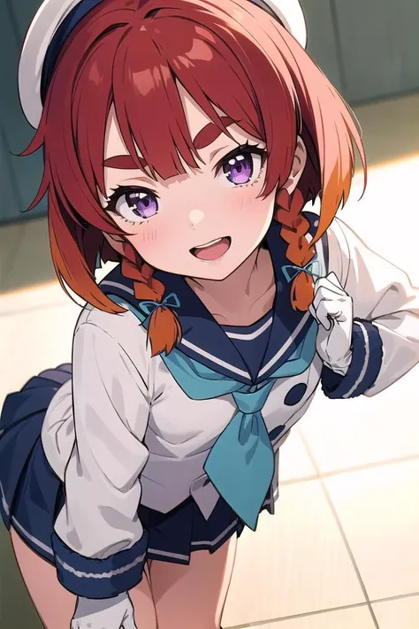 masterpiece, Highest quality,
One Girl, alone,
I had already finished, close, smile, Open your mouth,Blushing Etorofu \(Kantai Collection\), short hair, Redhead, Bobcut, Twin Blade, Thick eyebrows, Purple eyes, Side goodid, Twin Blade, , flat_chest, ,((Browsing Caution))
, Seraphim, White Hat, Blue neckerchief, Blue Ribbon, Hair Ribbon,  White gloves, (Panty shot), Squat,((Browsing Caution)), (panties), (good), (In underwear), (Flashy underwear), (lingerie), 