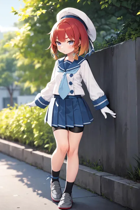 <lora:EtorofuKancolleV40722:1>, 1girl, solo,
etorofu \(kancolle\),
school uniform, serafuku, white headwear, sailor hat, blue neckerchief, blue ribbon, hair ribbon, white gloves, blue skirt, pleated skirt, shorts under skirt, black shorts, black socks, grey footwear,
outdoors, full body,