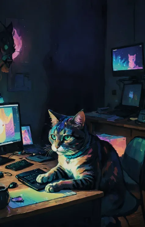 dichroic-hued colors, dark and moody surreal portrait of a cat sitting on a desk working hard on his computer generating more images of anime girls with big boobs <lora:vncnt:1>, in the style of vncnt