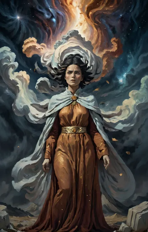 autumn-hued colors, dark and moody surreal portrait of a statuesque Majorero woman with a hungry expression draped in billowing robes standing in the celestial halls of the gods where supernovas play in the nebulae fields <lora:vncnt:1>, in the style of vncnt