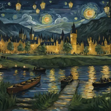 <lora:vncnt:1>, vncnt style, hogwarts from across a lake, at night, rowboats with lanterns