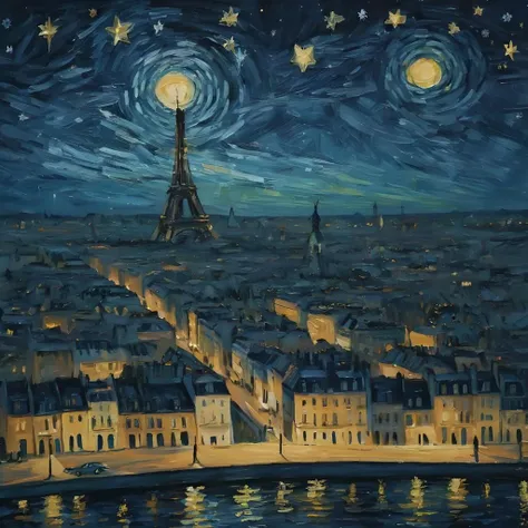 <lora:vncnt:1>, vncnt style, paris at night, stars, night sky