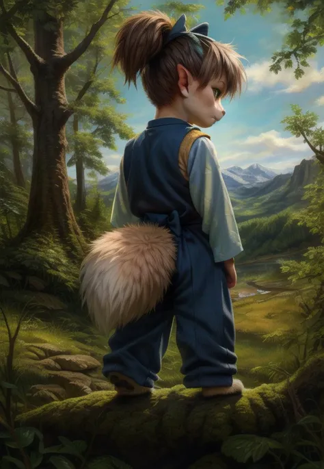 <lora:ShippouDemonFox:1>  [Forest, path, trees, sky clouds, mountains,] ShippouDemonFox, kemono, green bow on the head, green bow eyes, animal legs, tail, (blue pants, blue shirt, yellow vest,), pointed ears, ,
textured fur, solo, looking at viewer, to his full height, (beautiful, aesthetic, perfect, delicate, intricate, masterpiece, )  ( ass up rear view, looking back,)
[by kenket|by totesfleisch8], by thebigslick:by silverfox5213:0.8], [by syuro, by paloma-paloma::0.2, (Tricksta, TotesFleisch8)