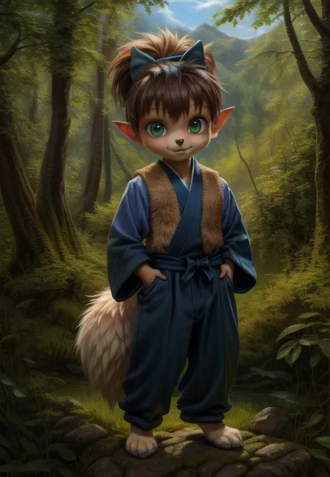 <lora:ShippouDemonFox:1>  [Forest, path, trees, sky clouds, mountains,] ShippouDemonFox, kemono, green bow on the head, green bow eyes, animal legs, tail, (blue pants, blue shirt, yellow vest,), pointed ears, ,
textured fur, solo, looking at viewer, to his full height, (beautiful, aesthetic, perfect, delicate, intricate, masterpiece, )  (Hands on hips, standing,)
[by kenket|by totesfleisch8], by thebigslick:by silverfox5213:0.8], [by syuro, by paloma-paloma::0.2, (Tricksta, TotesFleisch8)