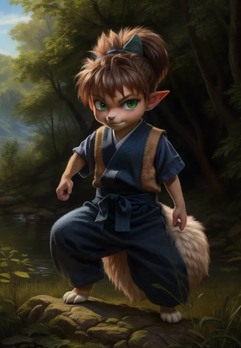 <lora:ShippouDemonFox:1>  [Forest, path, trees, sky clouds, mountains,] ShippouDemonFox, kemono, green bow on the head, green bow eyes, animal legs, tail, (blue pants, blue shirt, yellow vest,), pointed ears, ,
textured fur, solo, looking at viewer, to his full height, (beautiful, aesthetic, perfect, delicate, intricate, masterpiece, )  (fighting stance, angry pose)
[by kenket|by totesfleisch8], by thebigslick:by silverfox5213:0.8], [by syuro, by paloma-paloma::0.2, (Tricksta, TotesFleisch8)