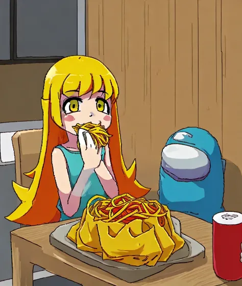 ( masterpice, best quality, official wallpaper, official art :1.3), ( oshino shinobu:1.5), (blush stickers:1.2), (long hair:1.3), (flat chest:1.0) , yellow eyes, (yellow hair:1.3), (1girl, 1other:1.3), (scenery:1.3), looking at viewer, <lora:jaggy_lines_noise_taged-000012:1.0>, (aiu:1.1), smirk, (print shirt:1.1), (table:1.1), sitting, (oekaki, jaggy lines:1.7), (scenery:1.2), (outdoors:1.2), (amongus:1.3) <lora:amongUsLORAV1_v10:0.8>, (eating pasta:1.3)