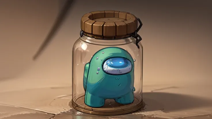 a cute shrunken girl kneeling in a glass jar next to amongus, gothic, witch_hat, Hogwarts, harry_potter_\(series\), best quality, (brown_hair), short brown bob cut hair, highres, masterpiece, portrait, blue eyes, amongus, <lora:girlsInGlassJarsV2_v2Anime:0.6>, <lora:amongUsLORAV1_v10:0.8>