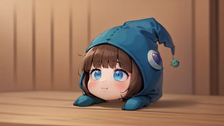 a cute girl holding a tiny amongus, gothic, witch_hat, Hogwarts, harry_potter_\(series\), best quality, (brown_hair), short brown bob cut hair, highres, masterpiece, portrait, blue eyes, amongus, <lora:amongUsLORAV1_v10:0.7>
