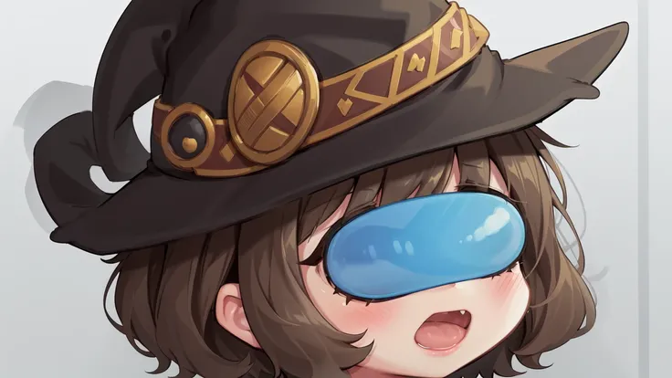 a cute girl holding a tiny amongus, gothic, witch_hat, Hogwarts, harry_potter_\(series\), best quality, (brown_hair), short brown bob cut hair, highres, masterpiece, portrait, blue eyes, amongus, <lora:amongUsLORAV1_v10:0.7>