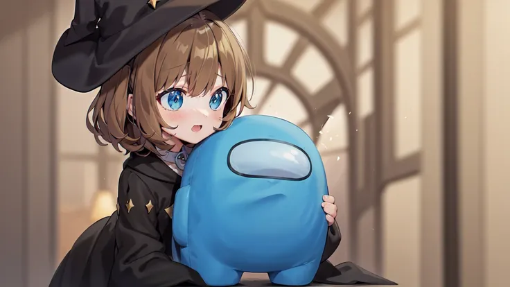 a cute girl holding a tiny amongus, gothic, witch_hat, Hogwarts, harry_potter_\(series\), best quality, (brown_hair), short brown bob cut hair, highres, masterpiece, portrait, blue eyes, amongus, <lora:amongUsLORAV1_v10:0.7>