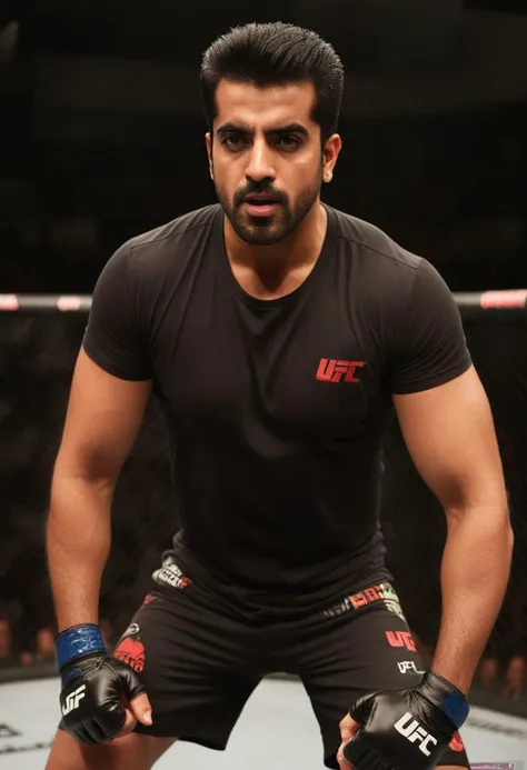 homoerotic photo of Kumail Nanjiani a man <lora:Gautam-Gulati_Kumail-Nanjiani:0.8>, UFC fighting ring, cocky expression, as a UFC fighter, (black muscle shirt:1.4), Venum UFC shorts, ((full body portrait)), wide angle, ((masterpiece)), natural skin, natural body muscle definitions, adobe lightroom, photolab, intricate, highly detailed, sharp focus, insane details, intricate details, hyperdetailed, low contrast, soft cinematic light, exposure blend, dim colors, dim light, Award - winning, with Kodak Portra 800, a Hasselblad 500 ,55mm f/ 1.9 lens, extreme depth of field, available light, high contrast, Ultra HD, HDR, DTM, 8K,