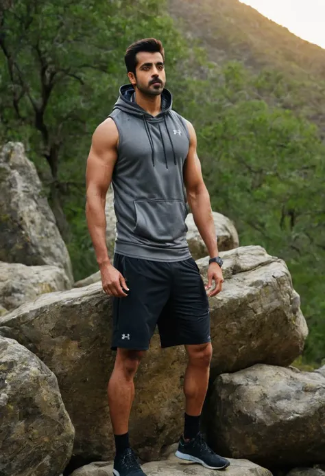 photo of Kumail Nanjiani a man <lora:Gautam-Gulati_Kumail-Nanjiani:0.8>, wearing a sleeveless well-fitted under armour hoodie and compression shorts, standing on a boulder, outdoor trail, 35mm photograph, film, bokeh, professional, 4k, highly detailed, creek in the background, natural lighting, golden hour