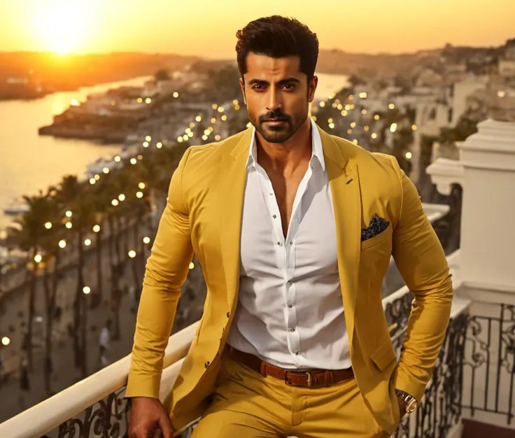 Nautical-themed (Photo:1.3) of (Ultrarealistic:1.3) <lora:Man_Men_FFashion:1> Kumail Nanjiani a man <lora:Gautam-Gulati_Kumail-Nanjiani:0.8> in a yellow suit standing on a balcony, handsome man, attractive man, handsome male, sun behind him, inspired by Pablo Munoz Gomez, shot at golden hour, editorial photograph, midshot of a hunky, by Roman Bezpalkiv, by Artur Tarnowski, maxim sukharev, by Gabor Szikszai,Highly Detailed,(Mono Color:1.3) . Sea, ocean, ships, maritime, beach, marine life, highly detailed