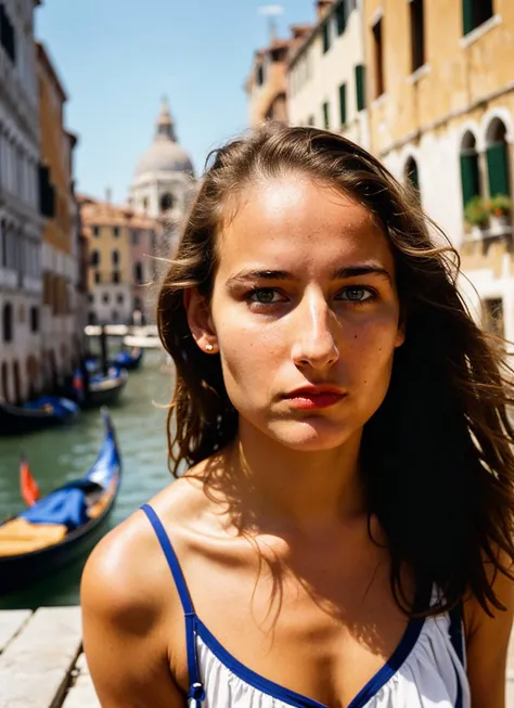 A stunning intricate full color portrait of (sks woman:1) in Venice, at the St. Marks Square, wearing Sailor dress and wedges, epic character composition, sharp focus, natural lighting, subsurface scattering, f2, 35mm, film grain, , by Gerda Taro, <lora:locon_leeleesobieski_v1_from_v1_64_32:1>
