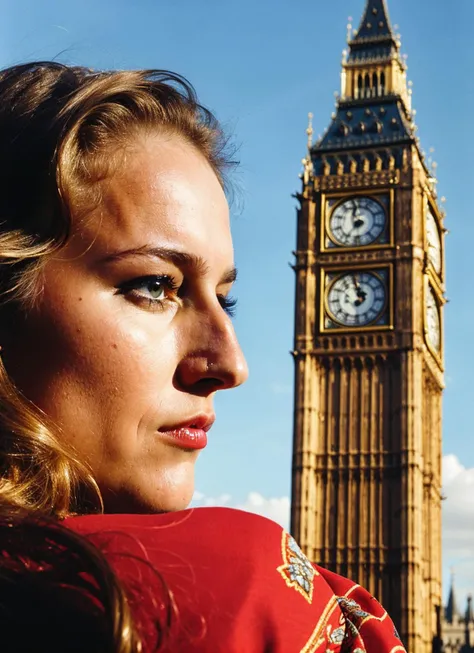 A stunning intricate full color portrait of (sks woman:1) in London, with Big Ben in the background, wearing fancy shirt, epic character composition, sharp focus, natural lighting, subsurface scattering, f2, 35mm, film grain, , by Guy Bourdin, <lora:locon_leeleesobieski_v1_from_v1_64_32:1>