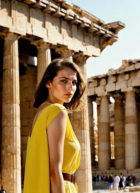 portrait of sks woman in athens, at the parthenon, by Flora Borsi, style by Flora Borsi, bold, bright colours, ((Flora Borsi)), by William Eggleston, <lora:locon_leeleesobieski_v1_from_v1_64_32:1>