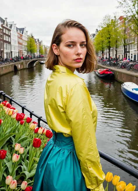 portrait of sks woman in Amsterdam, by the canals with tulips in the foreground, by Flora Borsi, style by Flora Borsi, bold, bright colours, ((Flora Borsi)), by Tim Walker, <lora:locon_leeleesobieski_v1_from_v1_64_32:1>