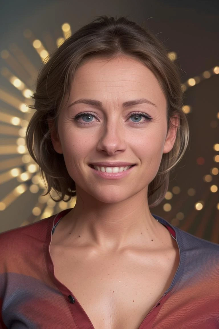 RAW photo of a woman <lora:Anne-Sophie-Lapix_Xtroat_V2:1>, side profil view, smile, blue eyes, blond hair, red blouse, soft skin, psychedelic intricate background, HD, 8K