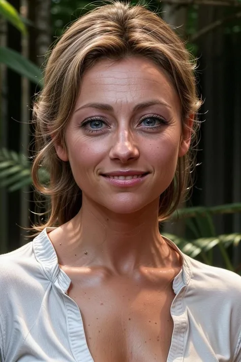 RAW photo of a young woman <lora:Anne-Sophie-Lapix_V3_Xtroat:1>, smirking, looking at viewer, blue eyes, blond hair, looking at viewer, white shirt, soft skin, intricate forest background, HD, 8K <lora:details_Tweaker_Lykon:0.8> <lora:Detail_Tweaker_tangbohu:0.3>