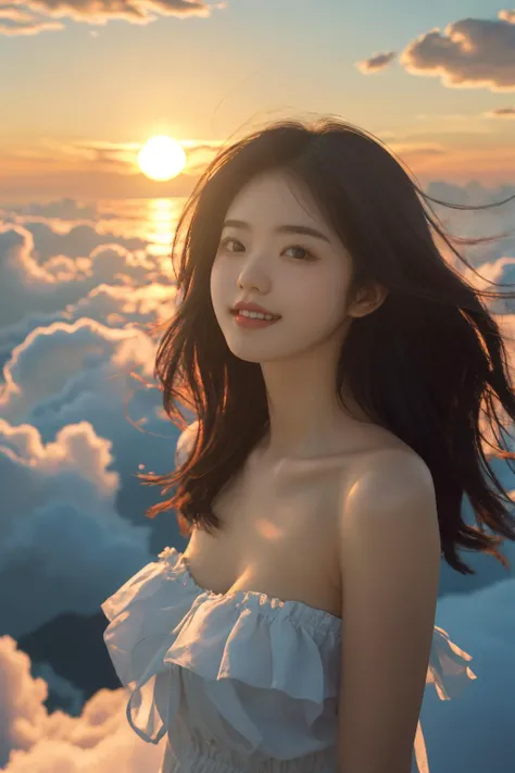 <lora:CloudPhotography_v1_wd14:0.7>, best quality, masterpiece, illustration, realistic, photo-realistic, amazing, finely detail, incredibly absurdres, huge filesize, ultra-detailed, highres, extremely detailed CG unity 8k wallpaper, nsfw, A young Korean woman with an angelic appearance is floating above the clouds at sunset. She is wearing a simple, white, strapless minidress that accentuates her voluptuous curves and exposes her ample chest. Her long, flowing hair is caught in the wind, and she has a seductive smile on her face. She is facing the viewer directly, and the warm light of the setting sun bathes her in a golden glow. The background is entirely clouds, and the image is a high-resolution close-up of her upper body.