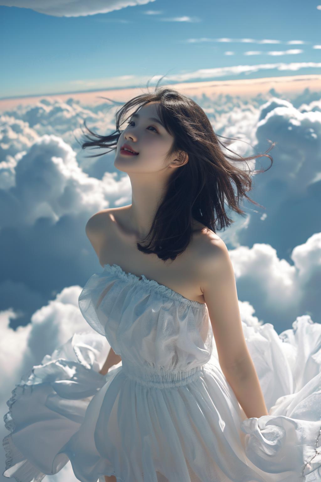 A woman in a white dress is flying through the clouds - SeaArt AI