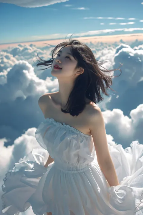 <lora:CloudPhotography_v1_wd14:0.8>, best quality, masterpiece, illustration, realistic, photo-realistic, amazing, finely detail, incredibly absurdres, huge filesize, ultra-detailed, highres, extremely detailed CG unity 8k wallpaper, nsfw, A young Korean girl with an angelic appearance is floating in the sky above the clouds. She is smiling serenely, and her long, flowing hair is caught in the wind. She is wearing a simple, white, strapless minidress that accentuates her curves. The viewer is looking up at her from below, admiring her beauty.