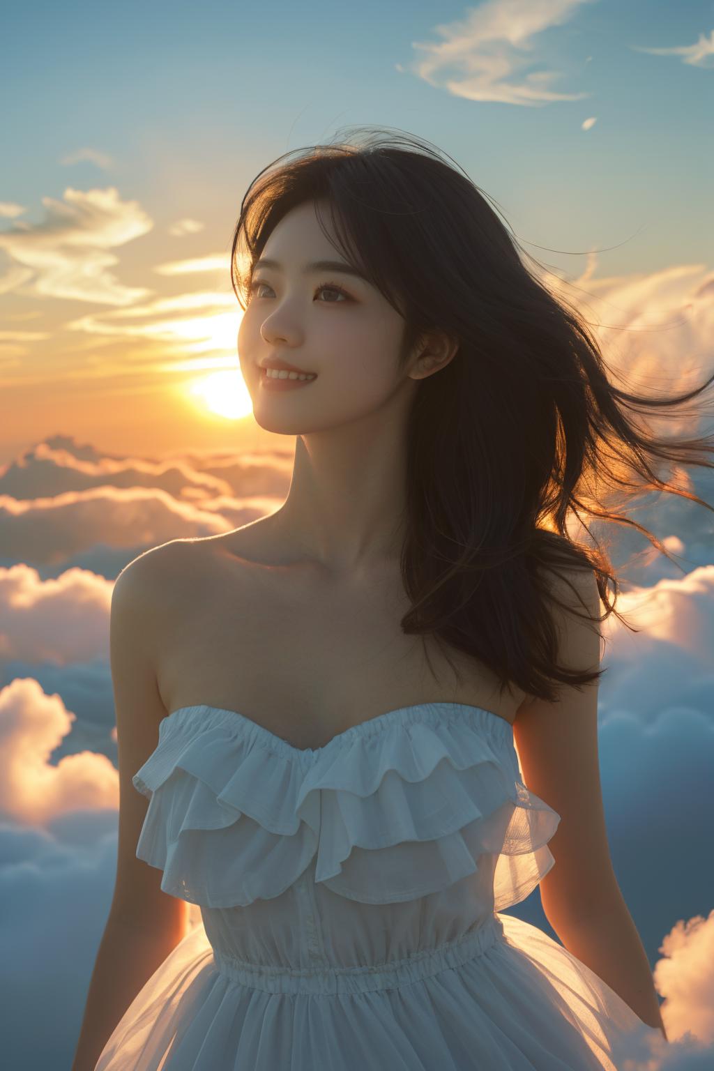 A woman in a white dress standing on top of a cloud covered sky - SeaArt AI