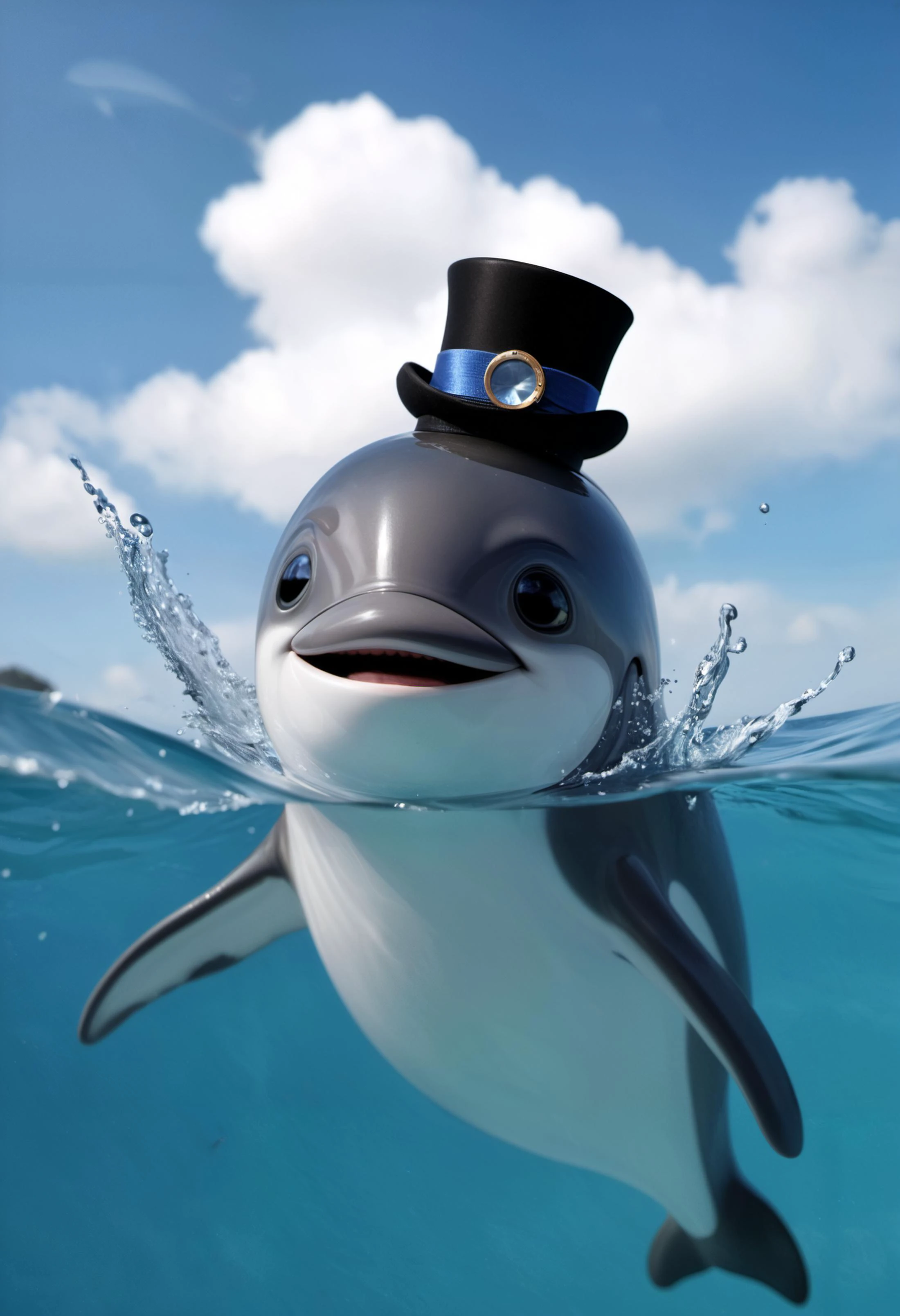 (cute Dolphin:1.35) (wearing a monocle on one eye:1.2), tiny top hat on head, diffused light, f/0.7, detailed forced perspective shot, face closeup, leap from the sea, (rainbow in the sky:1.2), national geographic photography, damn nature sure is beautiful, (dolphin wears monocle lens:1.35) water splash, leap