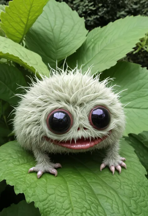 gross creature, it has a cute face, fuzzy monster, detailed garden background, diffused light