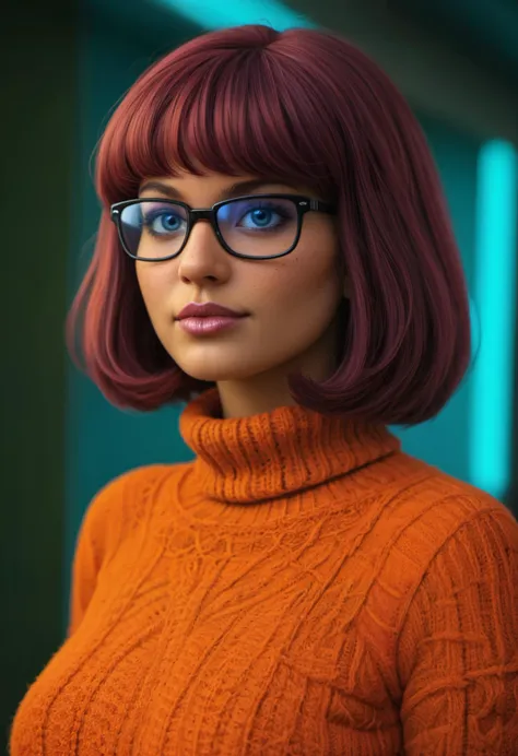 flir heatmap, Colorful, vibrant, high contrast, bizarre, diffused light, depth of field, HDR, award-winning photography, Velma from Scooby Doo, very detailed eyes