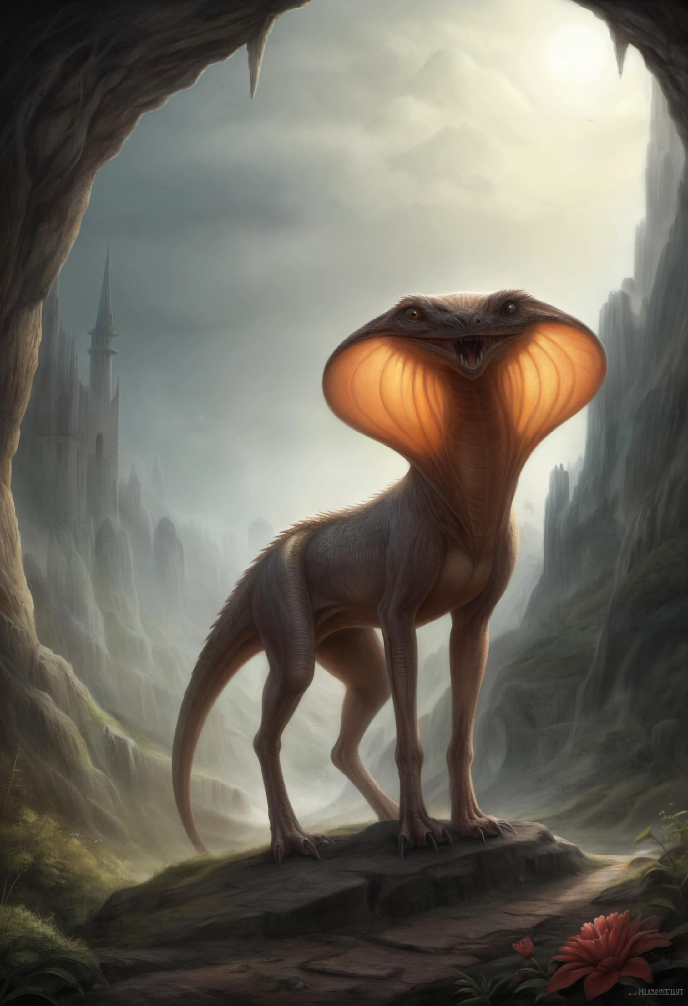 creature on extraordinary outdoor environment on otherworldly dark tales, ultra realist style, realist side lighting, 8K high definition, ultra realist detailed beautiful eyes, 8K ultra realist detailed skin, ultra realist small freckle, realist soft lighting, ultra realist detailed body, detailed hand, realist skin color, detailed nose, ultra realist detailed face, ultra realist detailed pupil of the eye, skin pores