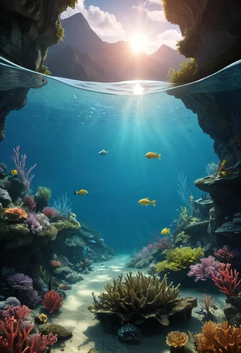 (ultra high res:1.4), (masterpiece), (beautiful lighting:1.4) , lush greenery and mountains, Bright sunlight illuminates the crystal-clear water, (deep underwater), anime, half above water and half below water , (clear underwater), beautiful sky with clouds, fish , depth, small yellow, coastal village