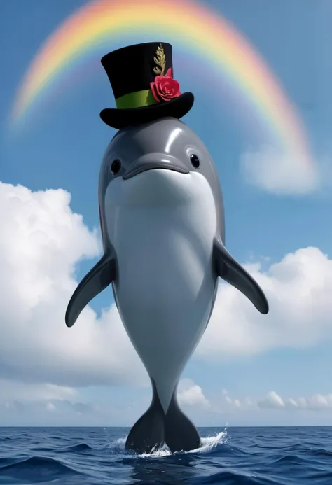 (cute Dolphin:1.35) (wearing a monocle on one eye:1.2), tiny top hat on head, diffused light, f/0.7, detailed forced perspective shot, face closeup, leap from the sea, (rainbow in the sky:1.2), national geographic photography, damn nature sure is beautiful, (dolphin wears monocle:1.25)