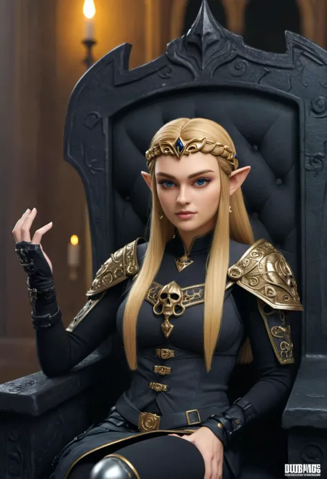 setting_MtDoom, (Princess Zelda:1.05) dressed as the Dark Lord Sauron, sitting on a throne made of skulls, diffused light, f/0.7, detailed forced perspective shot, face closeup, she wears black horrifying plate mail covered in jagged edges embedded with runes, black iron, pure evil, (Sauron cosplay:1.02), (wears gold ring:1.1), closeup, evil, creepy all black armor