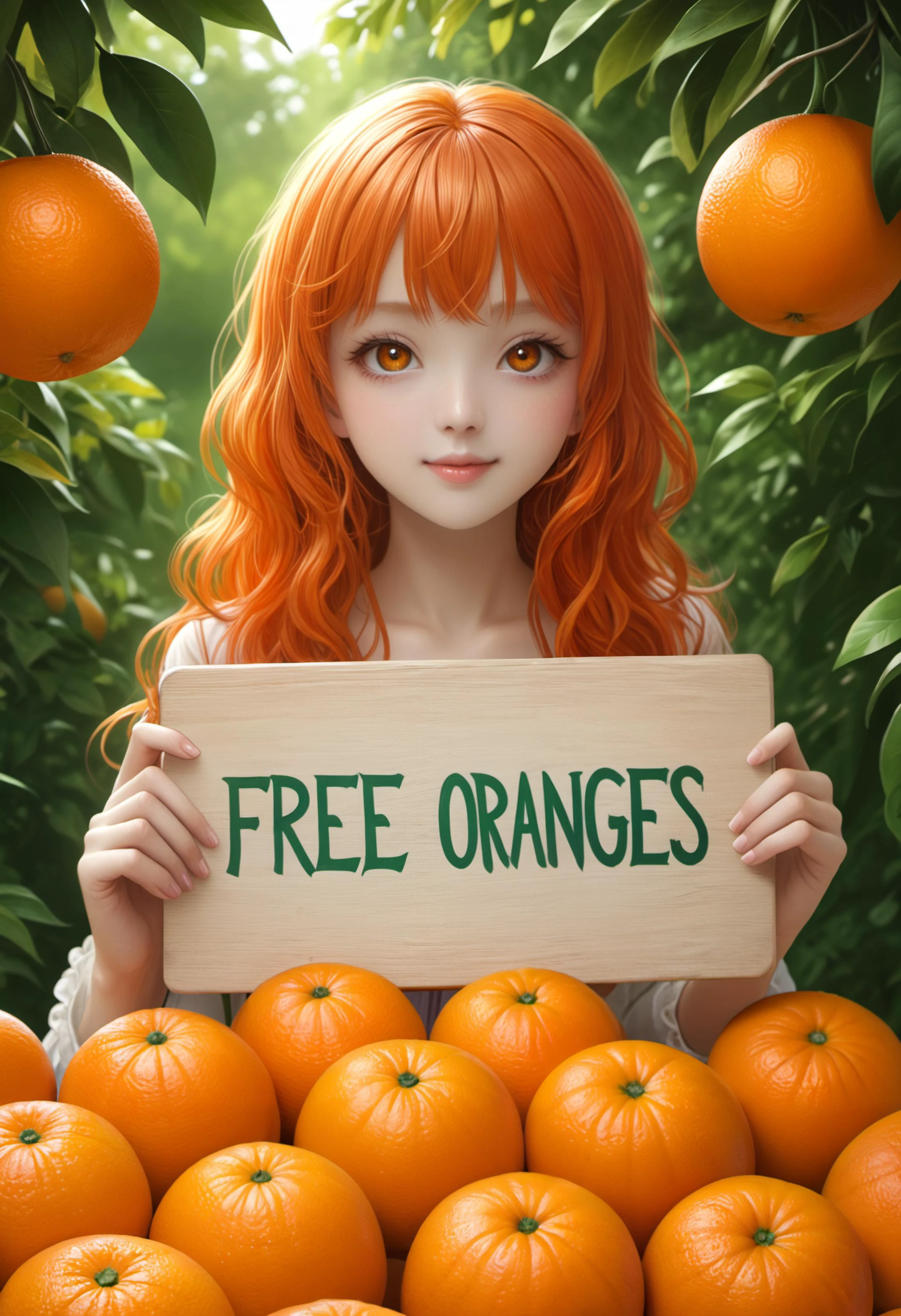 score_9, score_8_up, score_7_up, (sign, "FREE Oranges":1.85), ultra-detailed, minomi, one pretty girl, cute, pale skin, skinny, red-orange hair, absurdly_long_wavy hair, hair-bow, big shiny-green eyes, eyelash, nose, pastel-red thin lip, smile, huge breasts, frilled dress, oranges, orange tree, (2d, anime, digital, cartoon:1.75), (very large chest:1.35), (rating_safe, rating_questionable:1.3),