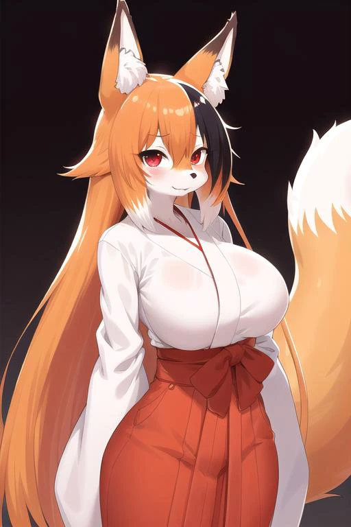 1girl, furry female, kitsune, masterpiece, \:<, animal nose:1.5, fox ears, fox tail:1.5, red eyes, red hair, very long hair, arms behind back, body fur, multicolored hair, gradient hair, large breasts, white shirt, hakama, kimono, <lora:horukusaKitsuneV3-000008:0.475>,