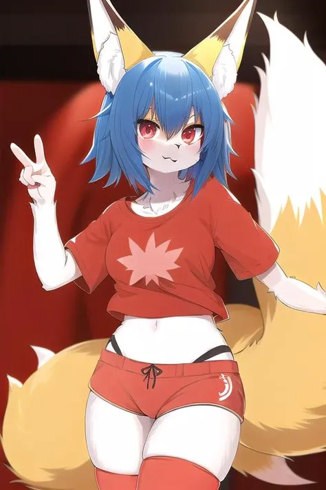 1girl, furry female, kitsune, blue hair, red eyes, fox ears, fox tail, masterpiece, tshirt, red shorts, maple leaf \(symbol\), peace, \:|, <lora:horokusaKitsuneV6-000008:0.7>
