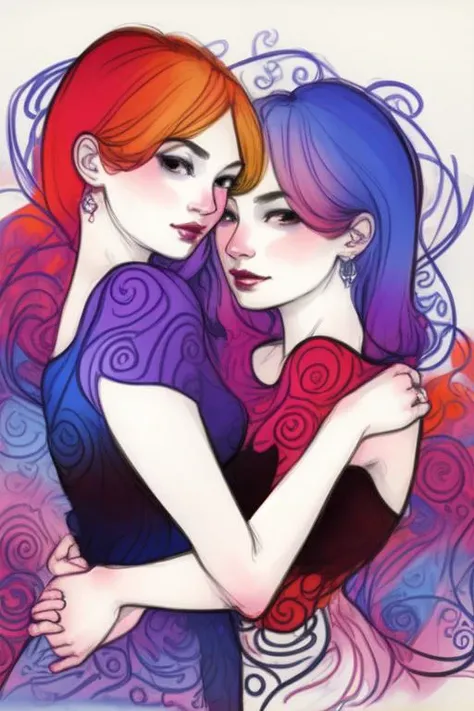 <lora:DanniLuo:1>, DanniShinayaLuo, sketch of two women embracing, color, mysterious swirling shapes, art ,