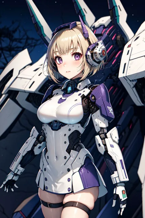 1girl, solo, blonde hair, purple eyes, looking at viewer, short hair, science fiction, closed mouth, bangs, headgear, night, standing, cowboy shot, mecha musume